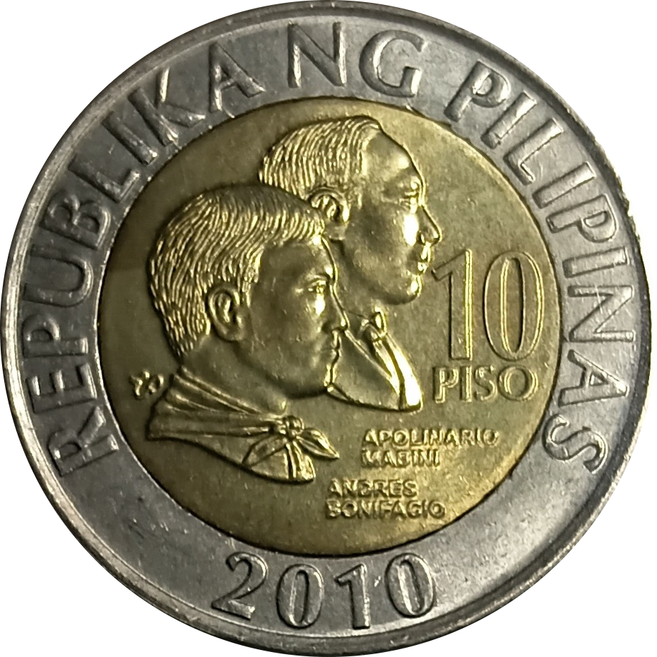 2010 10 Piso BSP Series Philippine Coin - Obverse view featuring Andres Bonifacio and Apolinario Mabini - Almost uncirculated condition