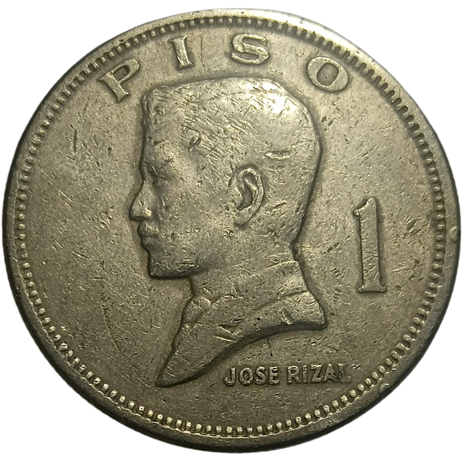 1974 1 Piso Pilipino Series Philippine Coin - Obverse view featuring Jose Rizal - Circulated condition