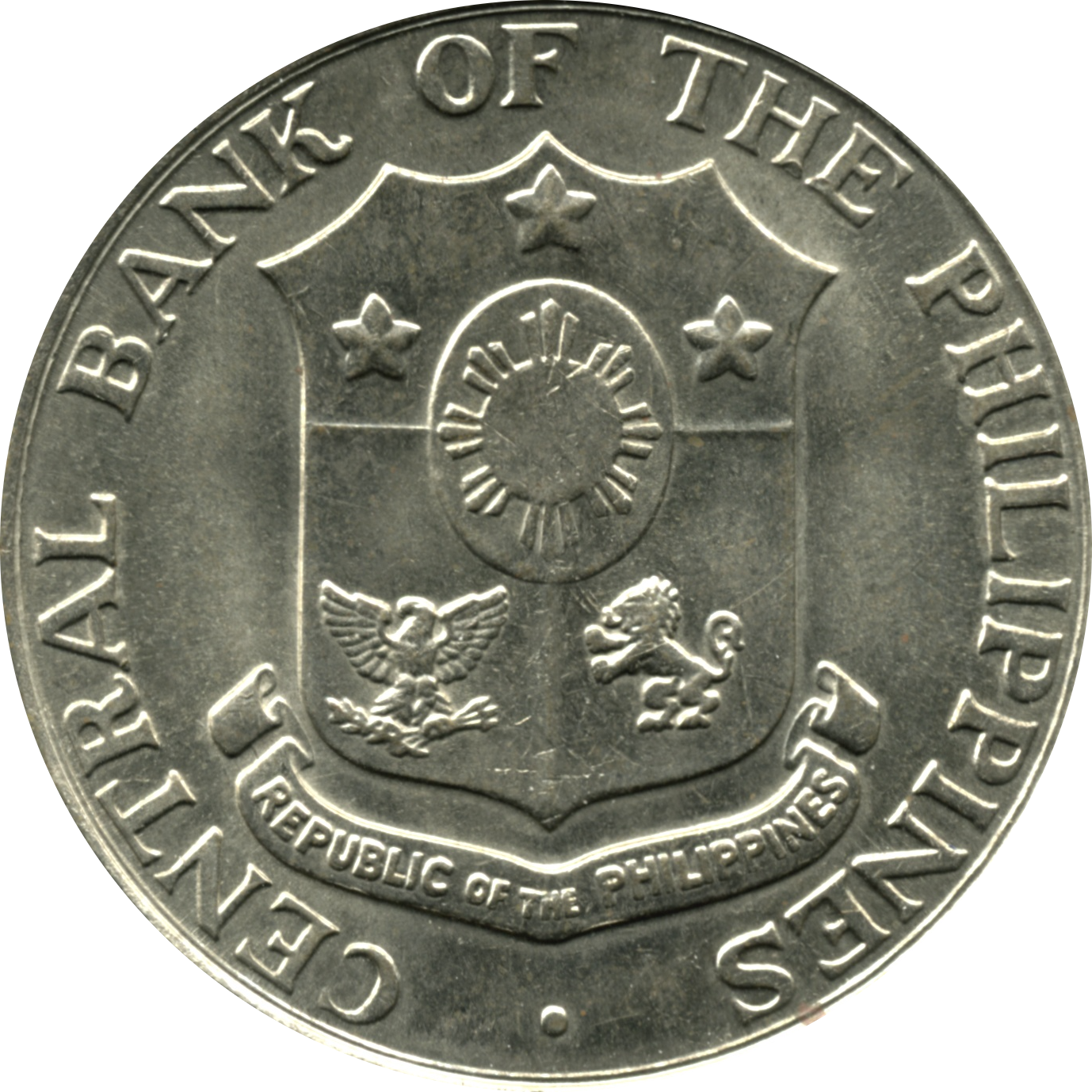 1958 50 Centavos English Series Philippine Coin - Reverse view featuring the coat of arms - Circulated condition