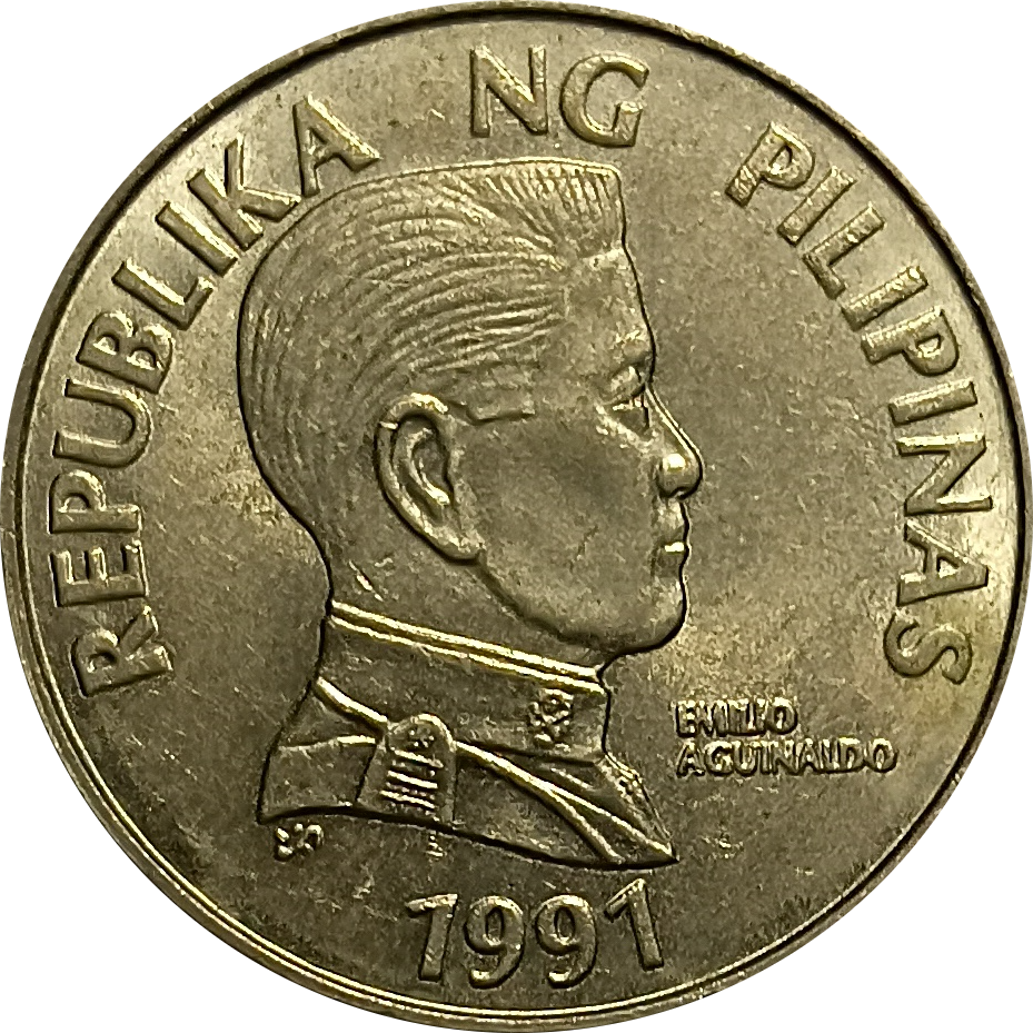 1991 5 Piso Improved Flora and Fauna Series Philippine Coin - Obverse view featuring Emilio Aguinaldo - Almost uncirculated condition
