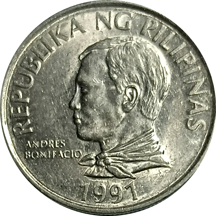 1991 2 Piso Improved Flora and Fauna Series Philippine Coin - Obverse view featuring Andres Bonifacio - Almost uncirculated condition