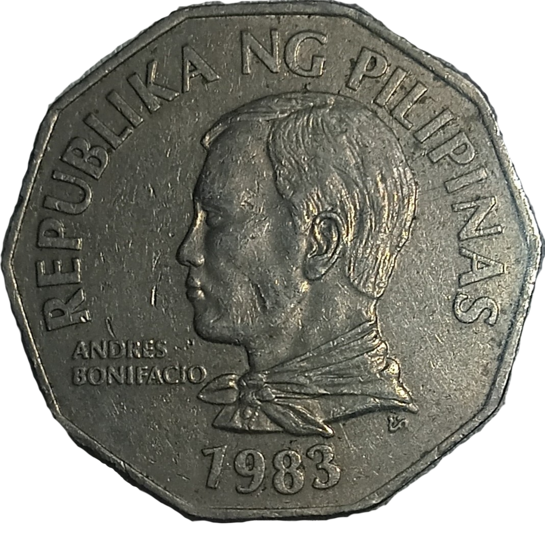 1983 2 Piso Flora and Fauna Series Philippine Coin - Obverse view featuring Andres Bonifacio - Circulated condition
