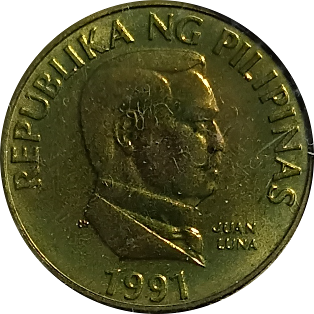1991 25 Sentimo Improved Flora and Fauna Series Philippine Coin - Obverse view featuring Juan Luna - Uncirculated condition