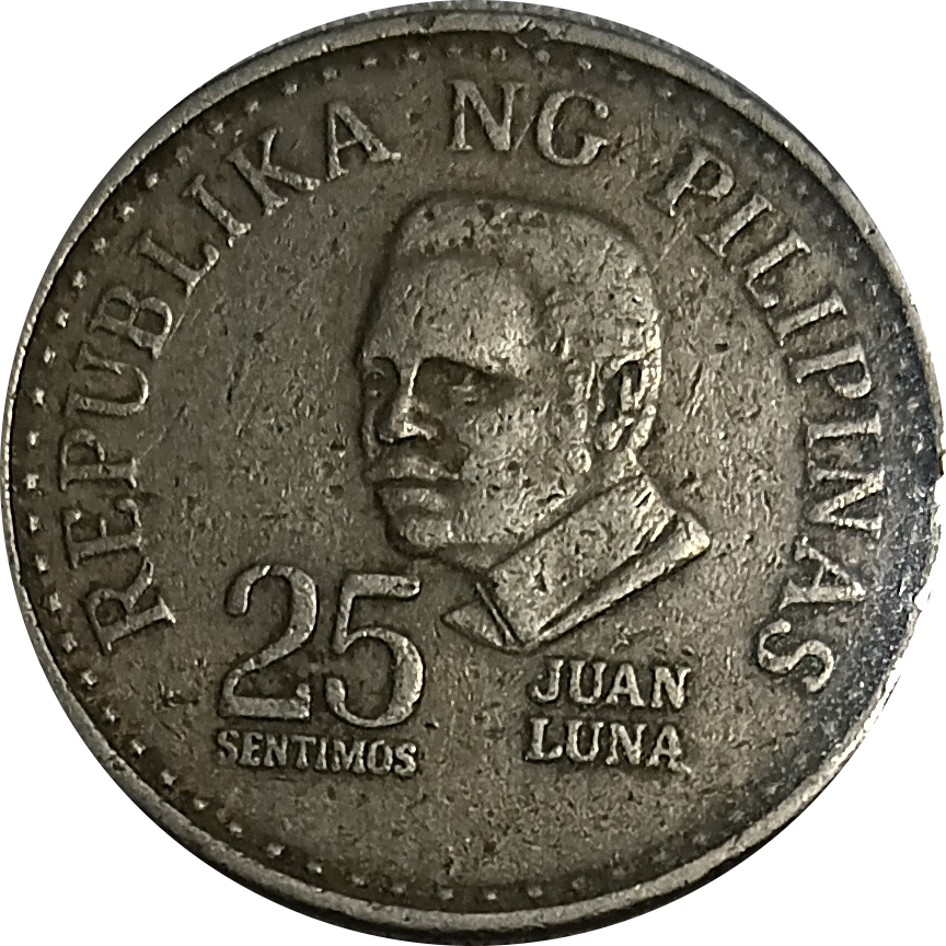 1980 25 Sentimos Ang Bagong Lipunan Series Philippine Coin - Obverse view featuring Juan Luna - Circulated condition
