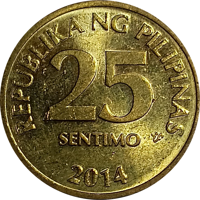 2014 25 Sentimo BSP Series Philippine Coin - Obverse view - Almost uncirculated condition