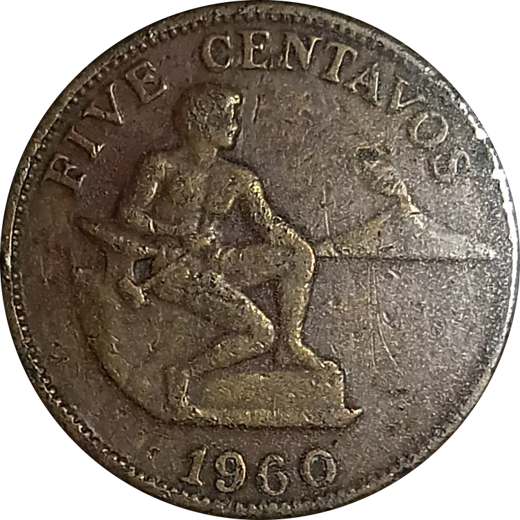 1960 5 Centavos English Series Philippine Coin - Obverse view featuring a seated man - Circulated condition