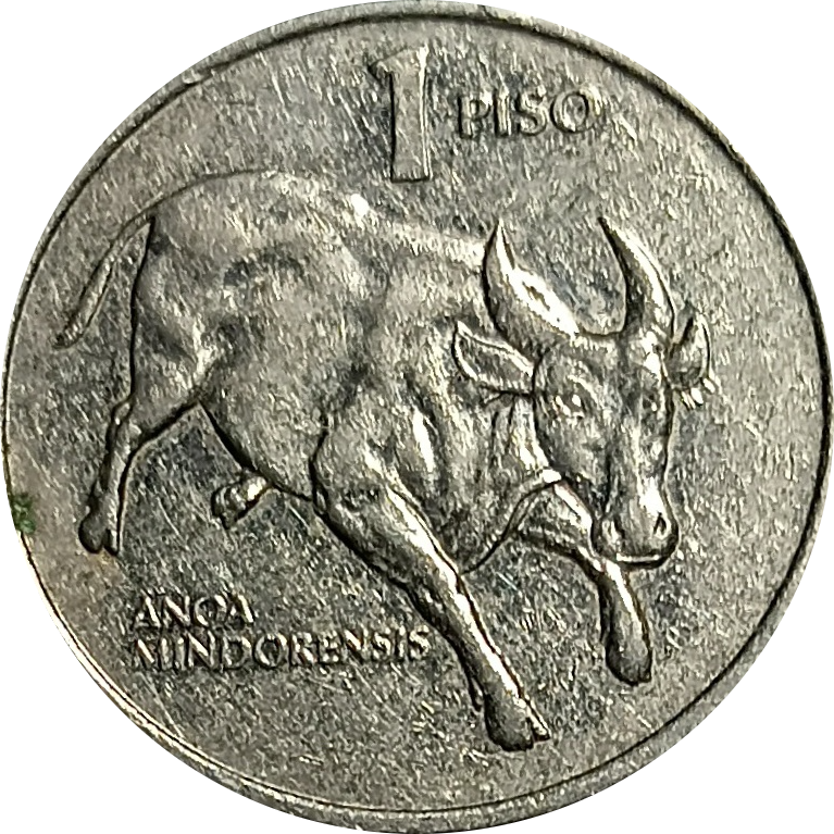 1991 1 Piso Improved Flora and Fauna Series Philippine Coin - Reverse view featuring the tamaraw - Almost uncirculated condition