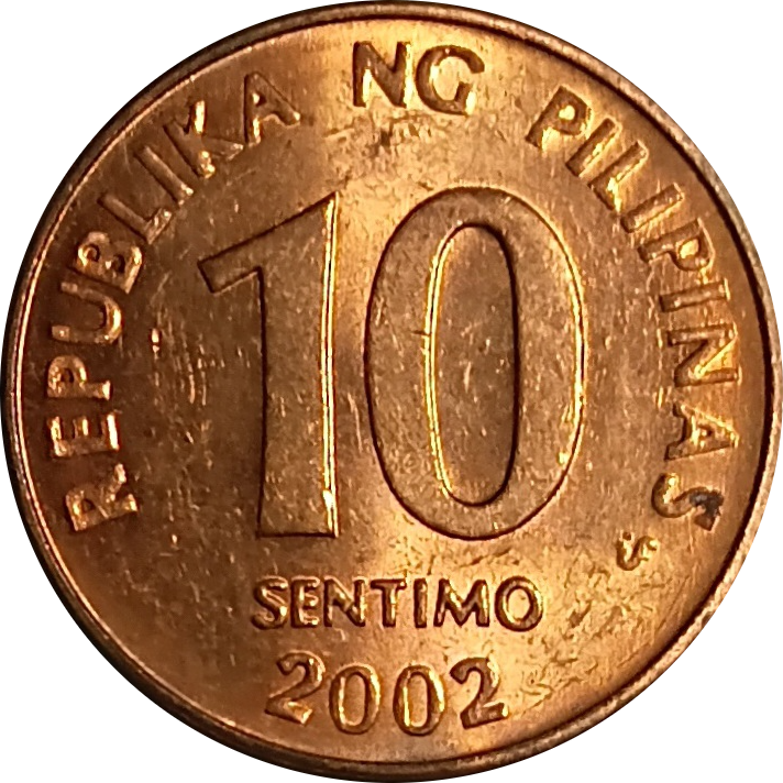 2002 10 Sentimo BSP Series Philippine Coin - Obverse view - Almost uncirculated condition