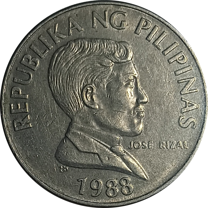 1988 1 Piso Flora and Fauna Series Philippine Coin - Obverse view featuring Jose Rizal - Circulated condition