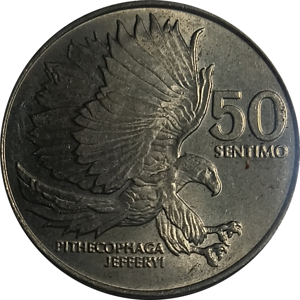 1984 50 Sentimo Flora and Fauna Series Philippine Coin - Reverse view featuring the Philippine eagle - Almost uncirculated condition
