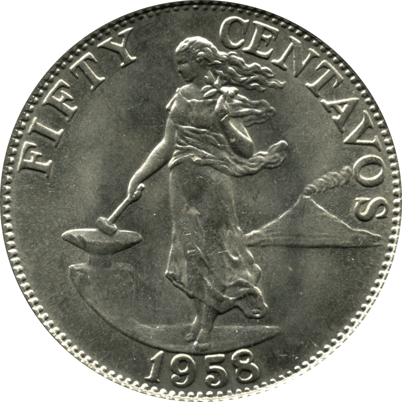 1958 50 Centavos English Series Philippine Coin - Obverse view featuring Lady Liberty - Circulated condition
