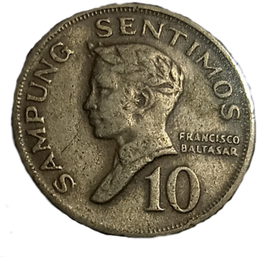 1970 10 Sentimos Pilipino Series Philippine Coin - Obverse view featuring Francisco Baltasar - Circulated condition