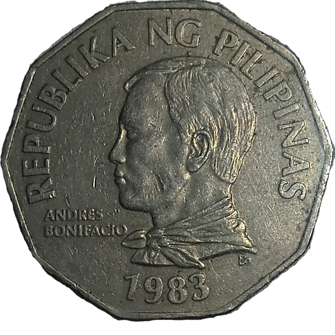 1983 2 Piso Flora and Fauna Series Philippine Coin - Obverse view featuring Andres Bonifacio - Circulated condition