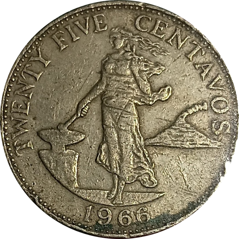 1966 25 Centavos English Series Philippine Coin - Obverse view featuring Lady Liberty - Circulated condition