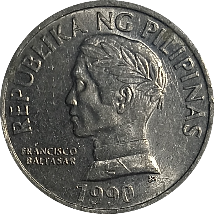 1990 10 Sentimo Flora and Fauna Series Philippine Coin - Obverse view featuring Francisco Baltasar - Almost uncirculated condition