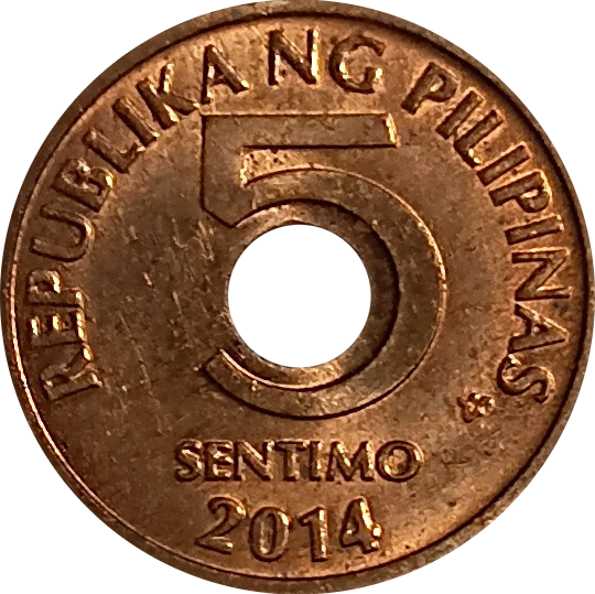 2014 5 Sentimo BSP Series Philippine Coin - Obverse view - Almost uncirculated condition
