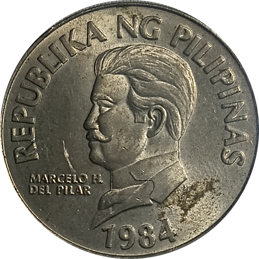 1984 50 Sentimo Flora and Fauna Series Philippine Coin - Obverse view featuring Marcelo H. del Pilar - Almost uncirculated condition