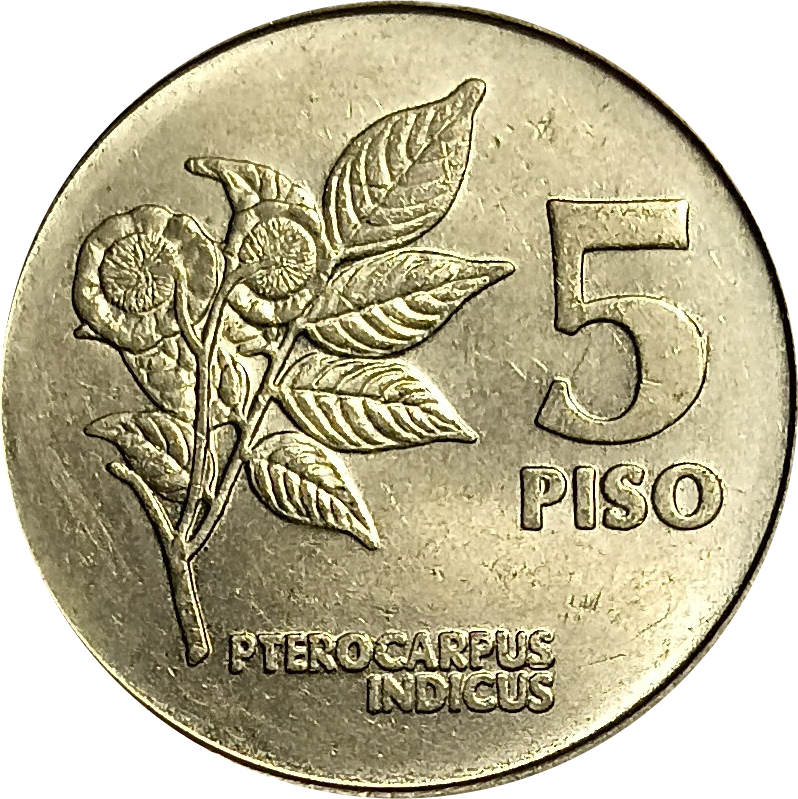 1991 5 Piso Improved Flora and Fauna Series Philippine Coin - Reverse view featuring a narra tree - Almost uncirculated condition