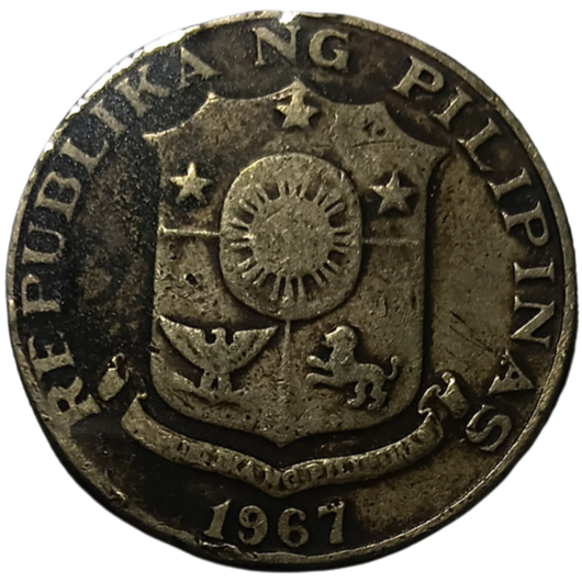 1967 50 Sentimos Pilipino Series Philippine Coin - Reverse view featuring the coat of arms - Circulated condition
