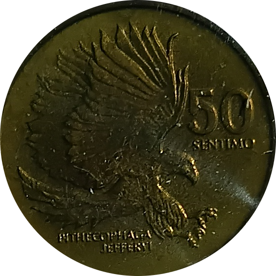 1991 50 Sentimo Improved Flora and Fauna Series Philippine Coin - Reverse view featuring the Philippine eagle - Uncirculated condition
