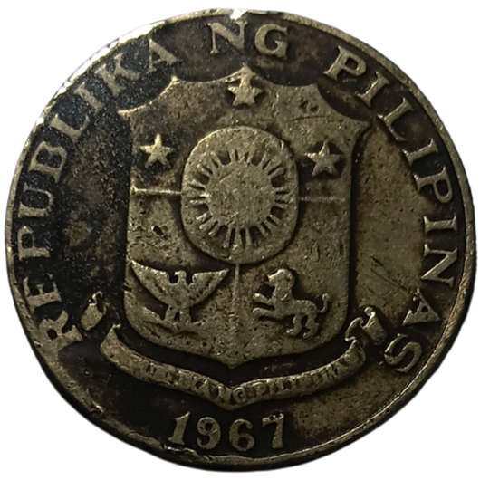 1967 50 Sentimos Pilipino Series Philippine Coin - Reverse view featuring the coat of arms - Circulated condition