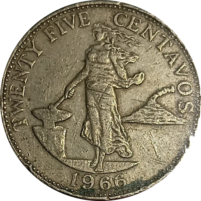 1966 25 Centavos English Series Philippine Coin - Obverse view featuring Lady Liberty - Circulated condition