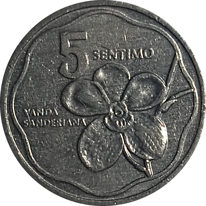 1985 5 Sentimo Flora and Fauna Series Philippine Coin - Reverse view featuring the waling-waling orchid - Circulated condition