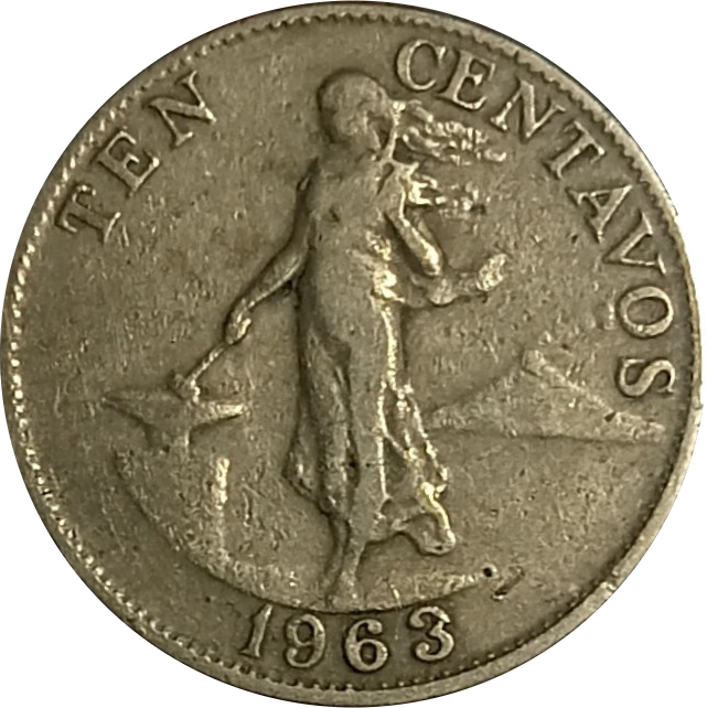 1963 10 Centavos English Series Philippine Coin - Obverse view featuring Lady Liberty - Circulated condition