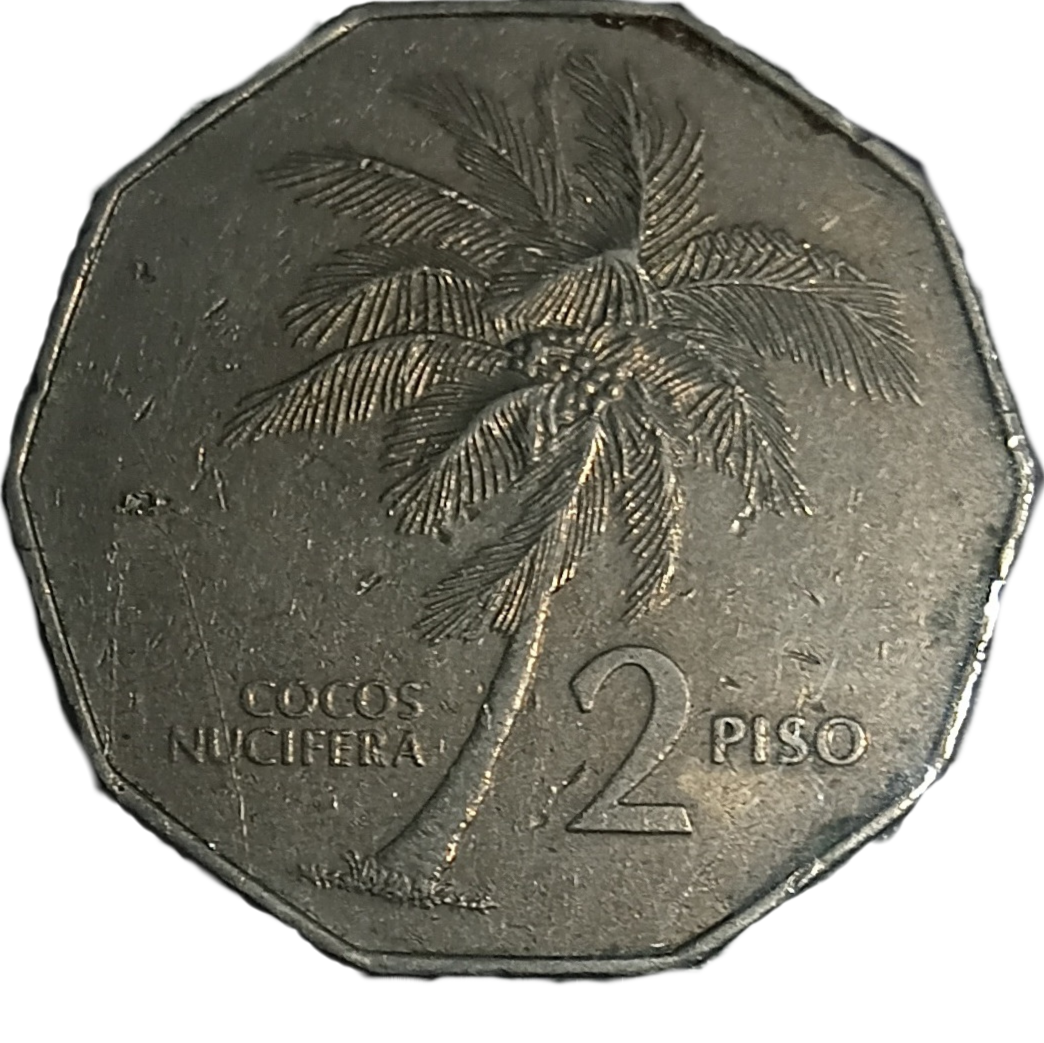 1983 2 Piso Flora and Fauna Series Philippine Coin - Reverse view featuring a coconut tree - Circulated condition