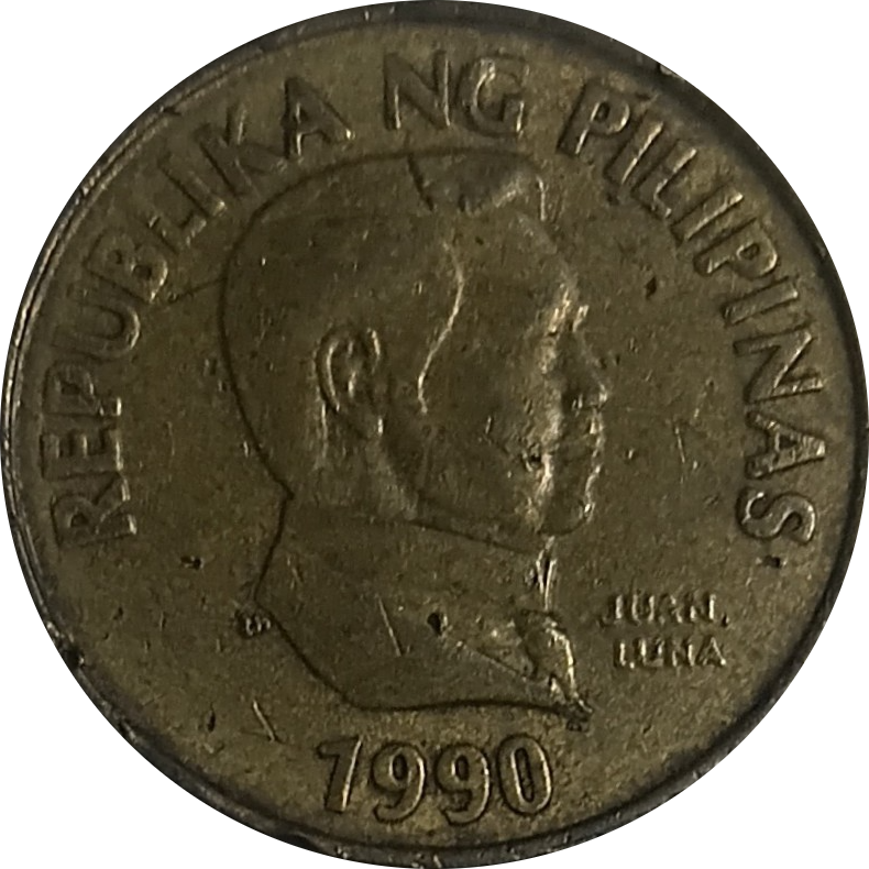 1990 25 Sentimo Flora and Fauna Series Philippine Coin - Obverse view featuring Juan Luna - Circulated condition