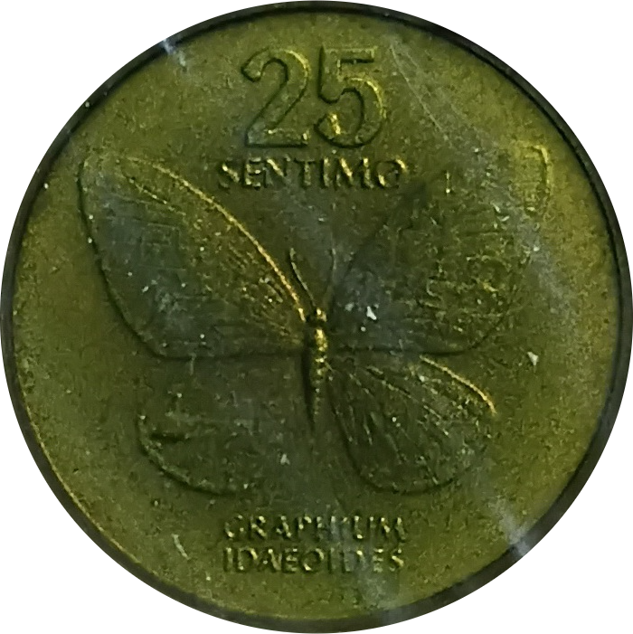 1991 25 Sentimo Improved Flora and Fauna Series Philippine Coin - Reverse view featuring the Philippine butterfly - Uncirculated condition