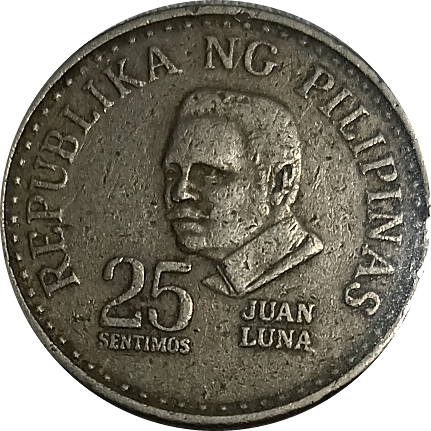 1980 25 Sentimos Ang Bagong Lipunan Series Philippine Coin - Obverse view featuring Juan Luna - Circulated condition