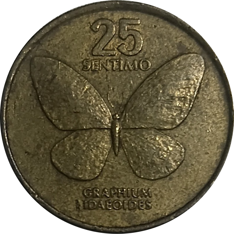 1990 25 Sentimo Flora and Fauna Series Philippine Coin - Reverse view featuring the Philippine butterfly - Circulated condition
