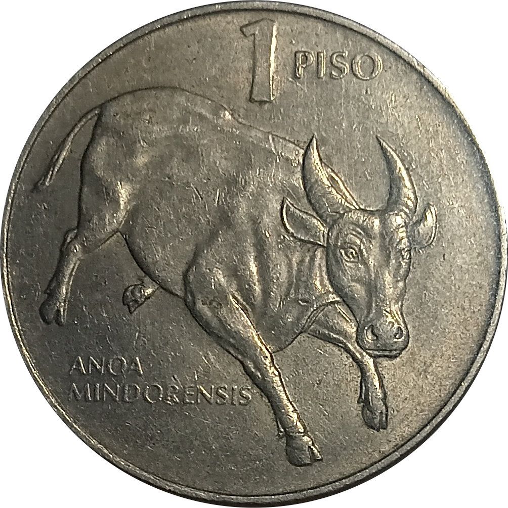 1988 1 Piso Flora and Fauna Series Philippine Coin - Reverse view featuring the tamaraw - Circulated condition