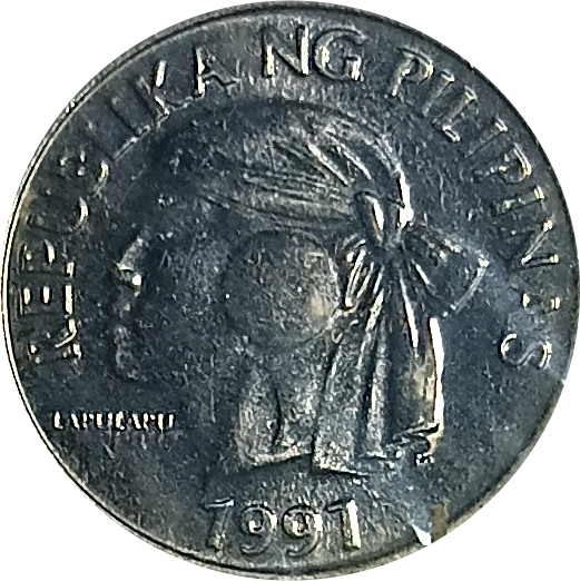1991 1 Sentimo Flora and Fauna Series Philippine Coin - Obverse view featuring Lapulapu - Uncirculated condition