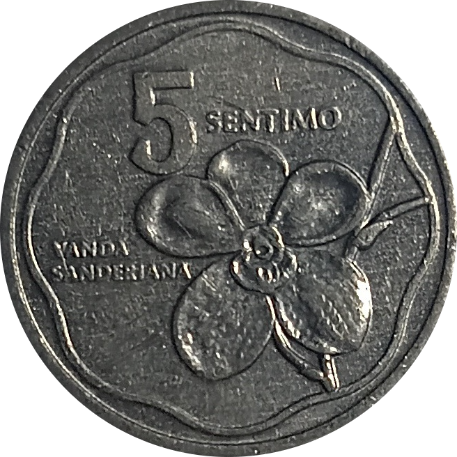 1985 5 Sentimo Flora and Fauna Series Philippine Coin - Reverse view featuring the waling-waling orchid - Circulated condition