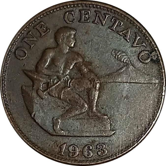 1963 1 Centavo English Series Philippine Coin - Obverse view featuring a seated man - Circulated condition