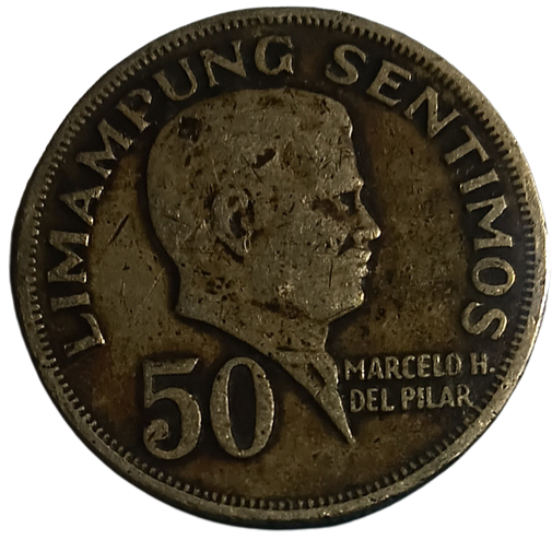 1967 50 Sentimos Pilipino Series Philippine Coin - Obverse view featuring Marcelo H. del Pilar - Circulated condition