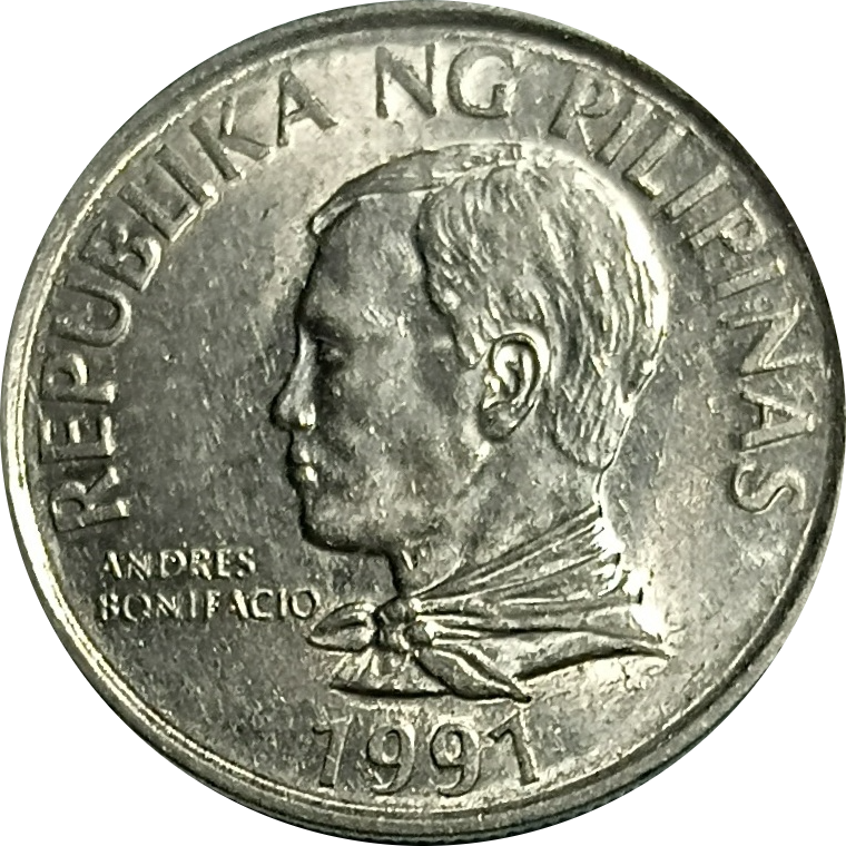 1991 2 Piso Improved Flora and Fauna Series Philippine Coin - Obverse view featuring Andres Bonifacio - Almost uncirculated condition
