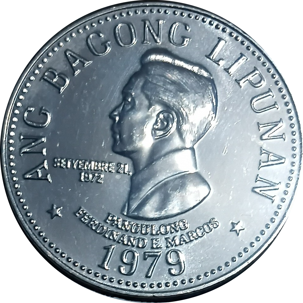 1979 5 Piso Ang Bagong Lipunan Series Philippine Coin - Obverse view featuring Ferdinand Marcos - Uncirculated condition