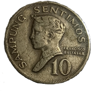 1970 10 Sentimos Pilipino Series Philippine Coin - Obverse view featuring Francisco Baltasar - Circulated condition