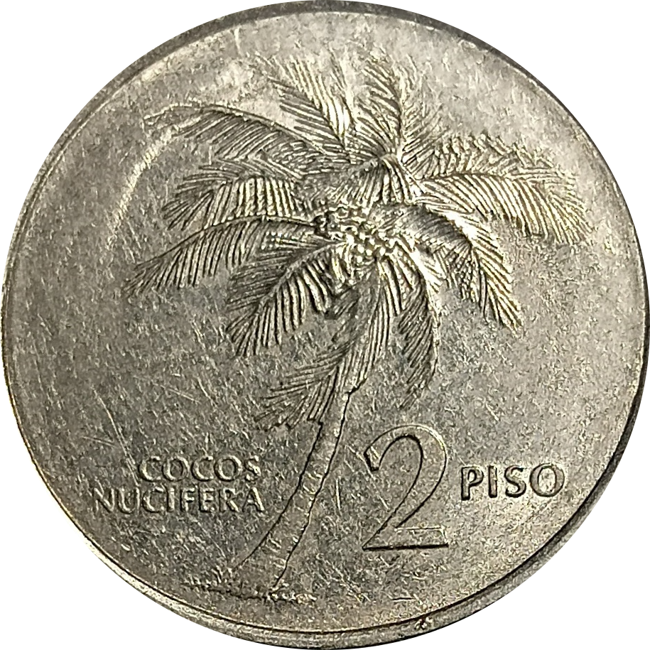 1991 2 Piso Improved Flora and Fauna Series Philippine Coin - Reverse view featuring a coconut tree - Almost uncirculated condition