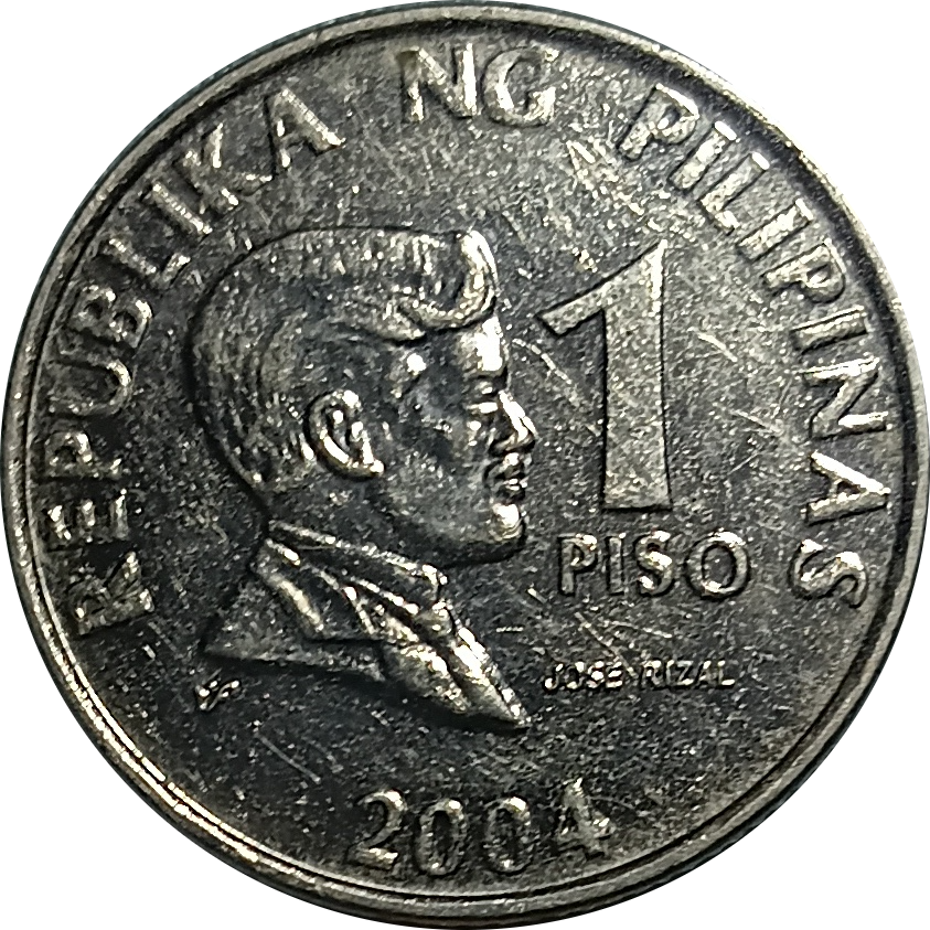 2004 1 Piso BSP Series Philippine Coin - Obverse view featuring Jose Rizal - Almost uncirculated condition