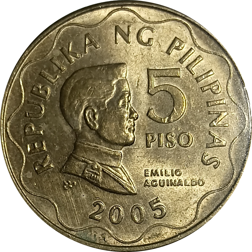 2005 5 Piso BSP Series Philippine Coin - Obverse view featuring Emilio Aguinaldo - Almost uncirculated condition