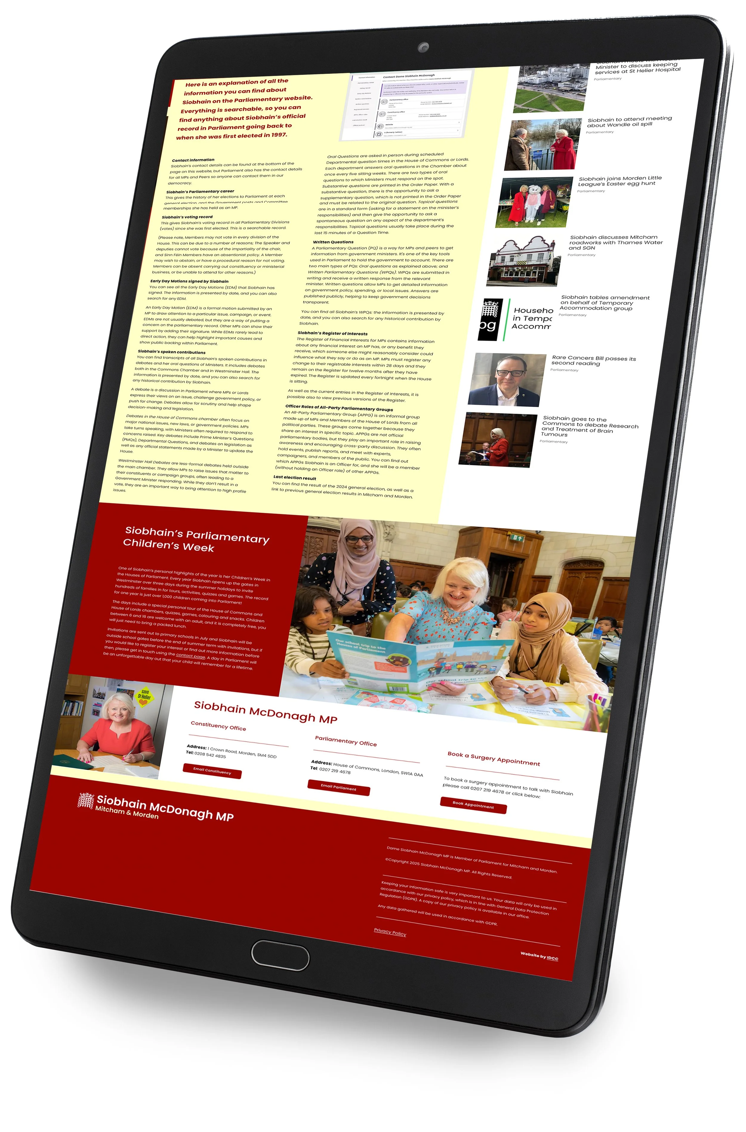A tablet displaying a website with information about Siobhain McDonagh MP, including sections on children’s week, parliamentary work, and contact details, with images of people and buildings.