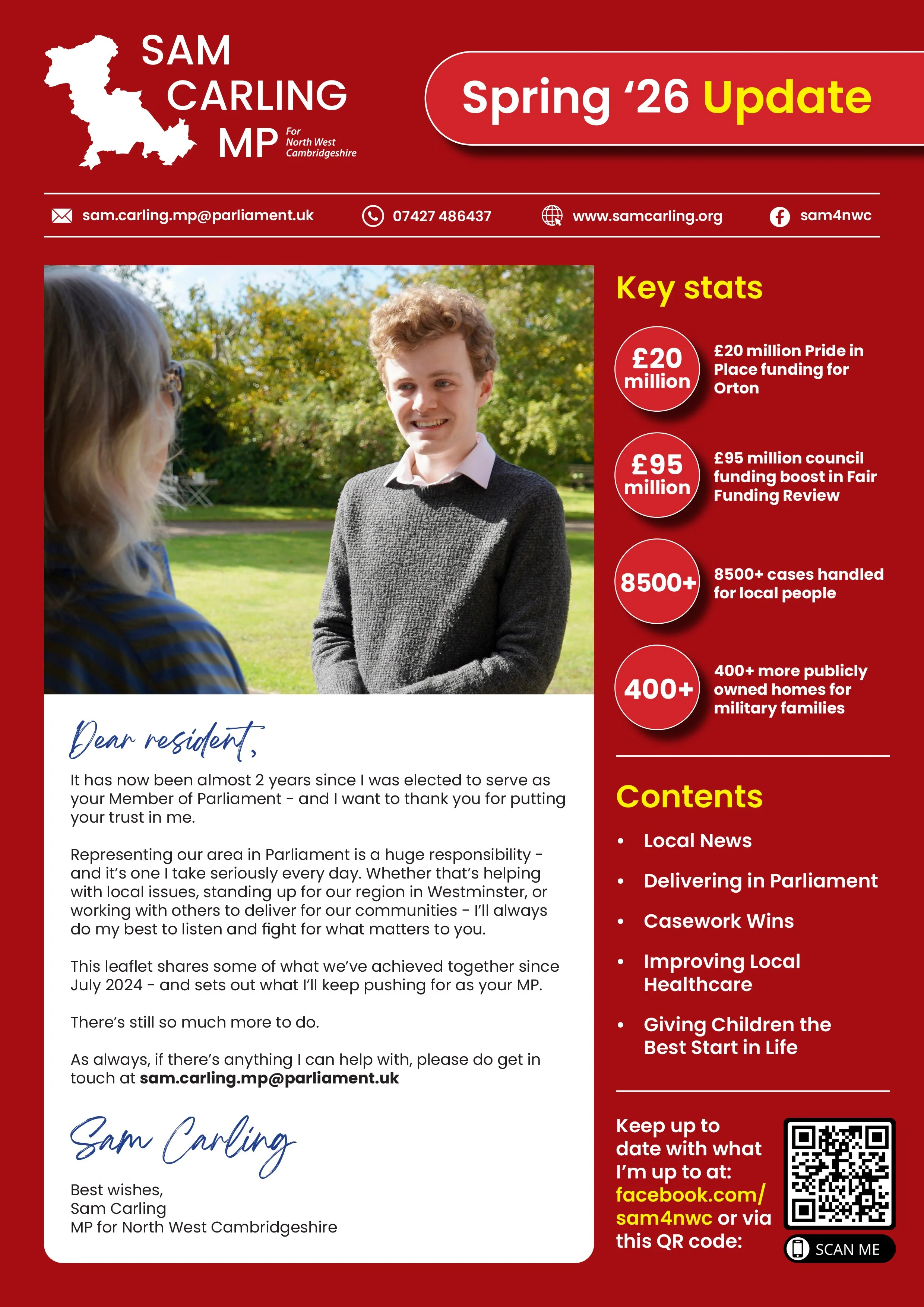 A political leaflet from Sam Carling, an MP for North West Cambridgeshire, featuring a photo of him smiling and talking to a woman outdoors with green trees and grass in the background. The leaflet includes key statistics, contact information, a pers
