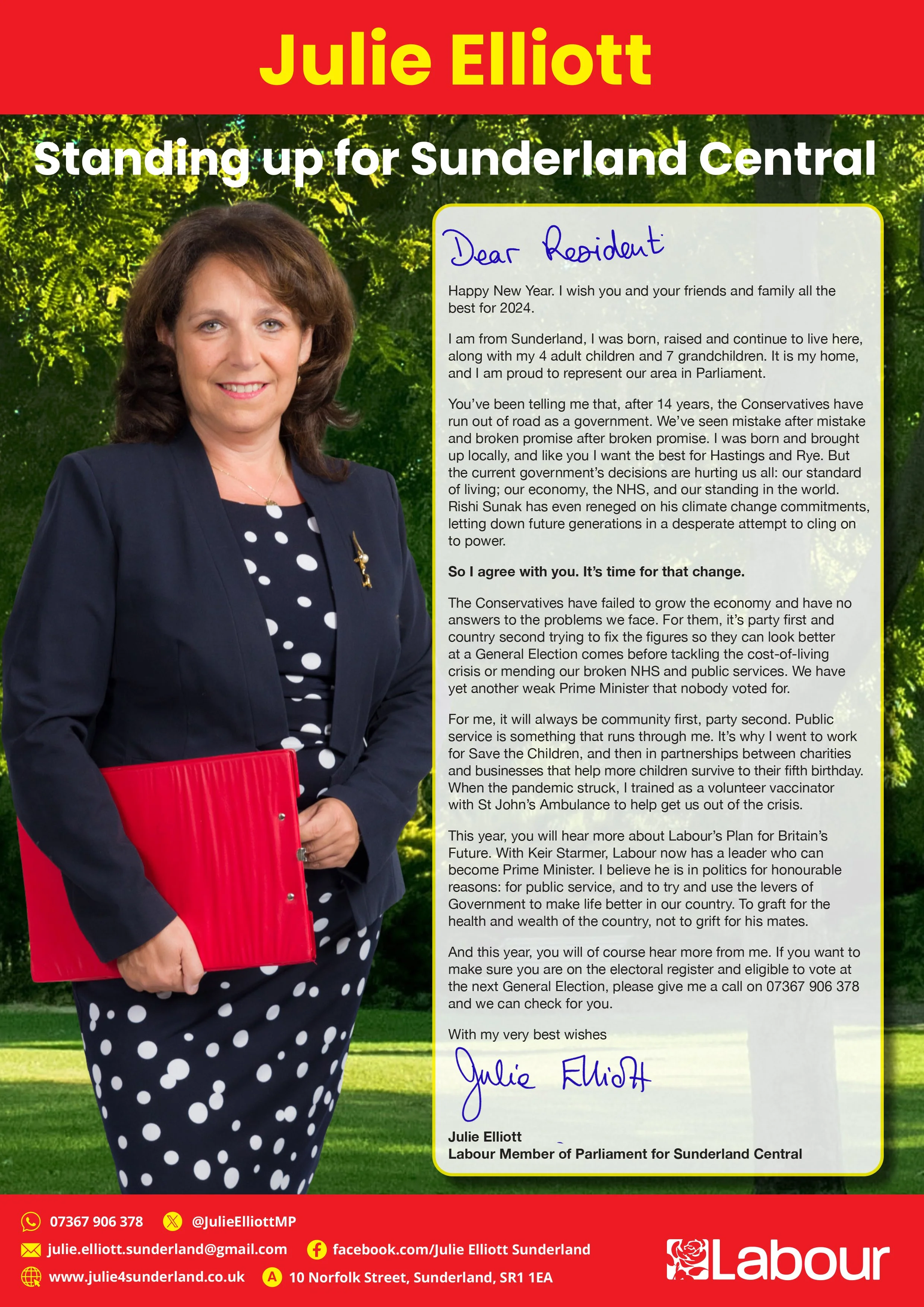 A woman in a navy blazer with a polka dot dress holding a red folder, standing outdoors in front of trees. The image appears on a political campaign flyer with the name 'Julie Elliott' and a message supporting Sunderland Central.