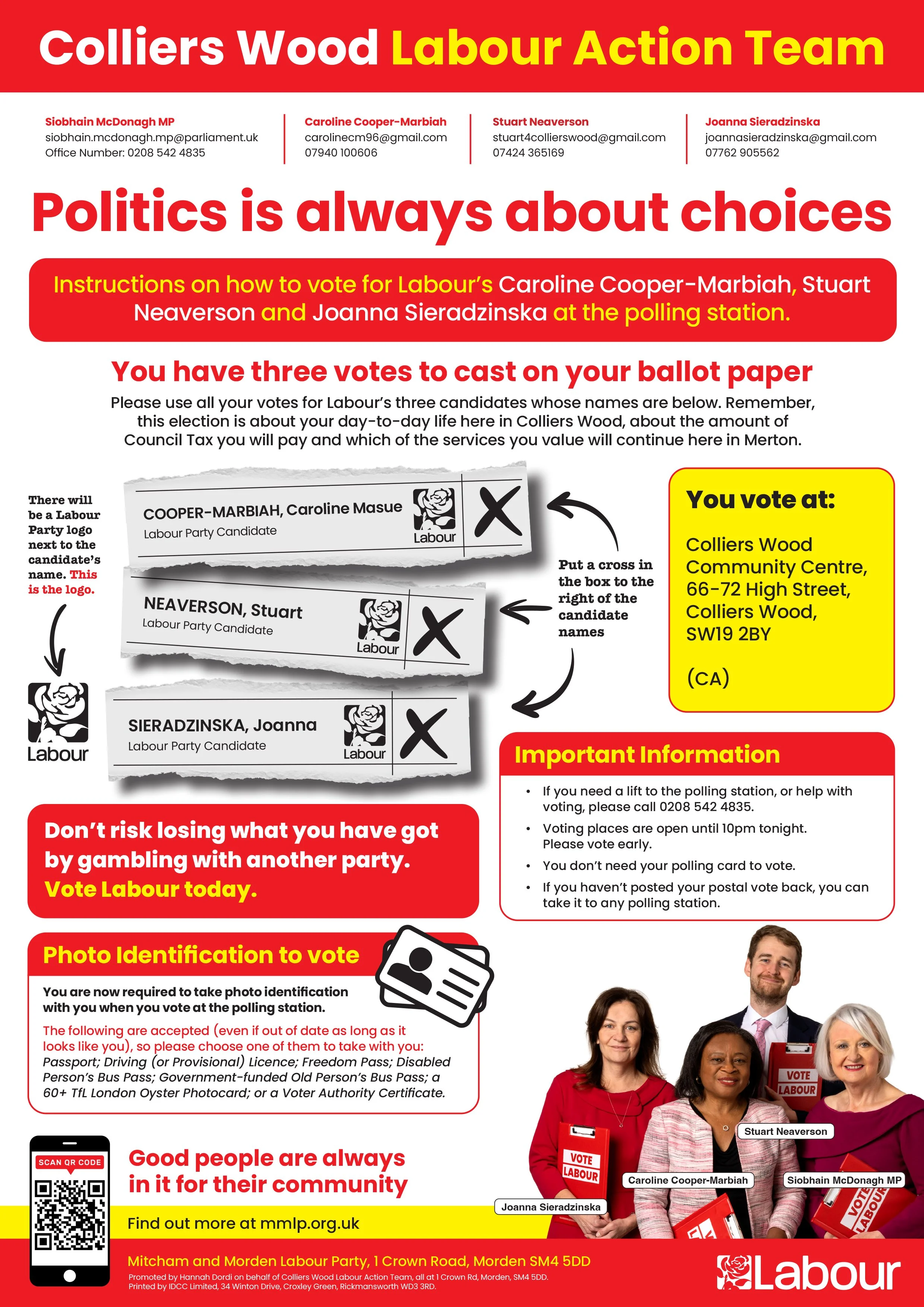 Poster for Colliers Wood Labour Action Team election campaign. Features info on voting instructions, candidate names, photo identification requirements, and contact details. Contains a group photo of diverse candidates holding 'Vote Labour' signs.