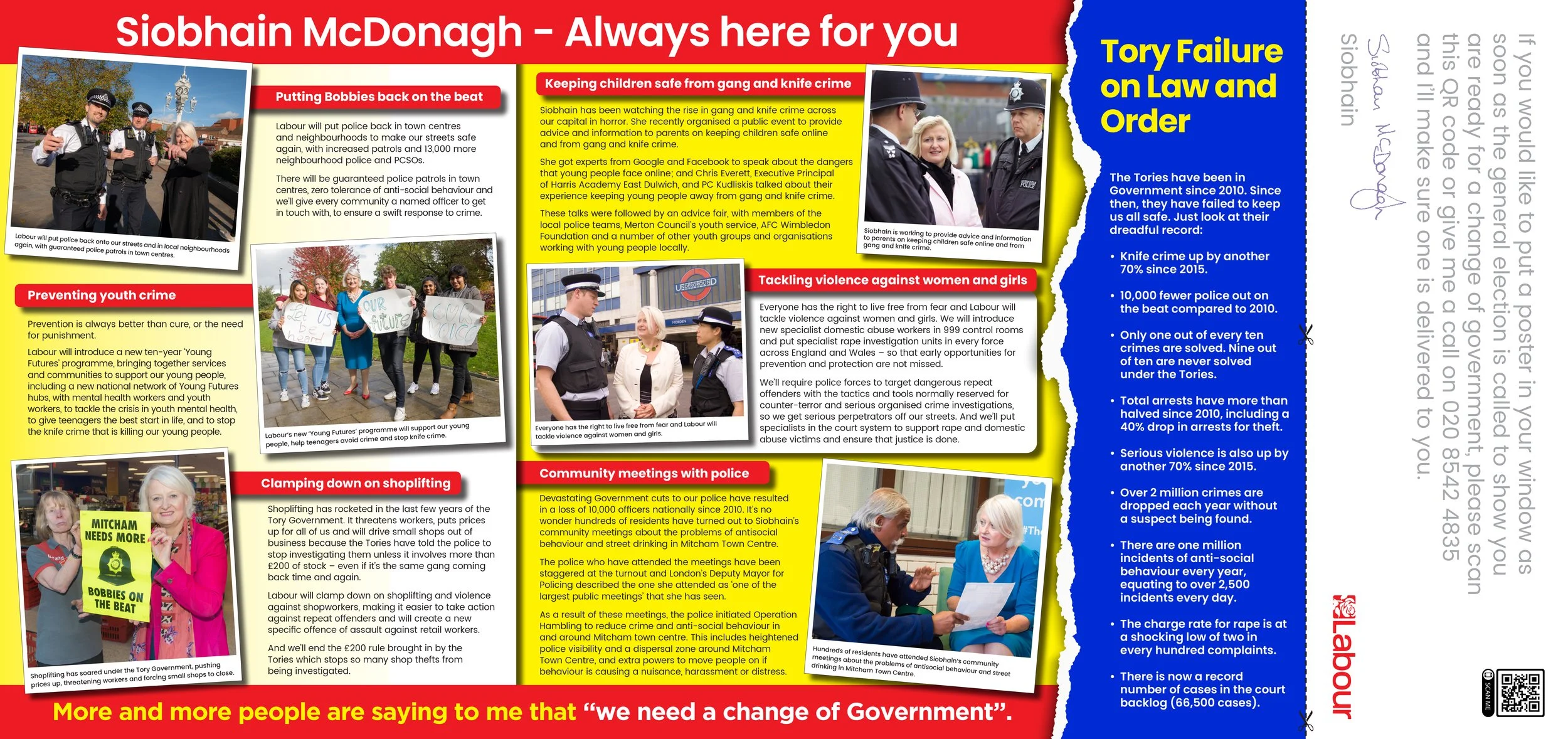 A political campaign flyer for Siobhain McDonagh with various sections and photos. The flyer has red, yellow, and blue backgrounds, including images of police officers, community protests, and interactions with police. Text discusses crime prevention
