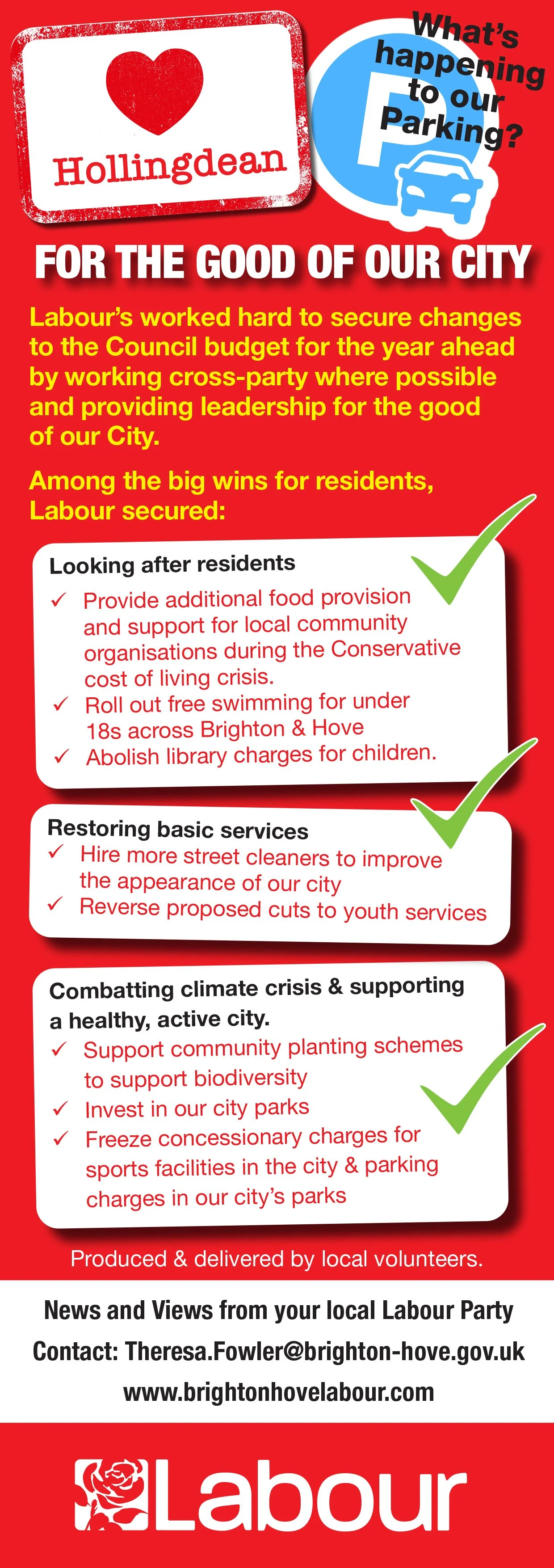 A political campaign poster for the Labour Party in Brighton, featuring a red background, a white box with a red heart and the candidate's name Hollingdean, and a blue parking sign with a car icon. The poster highlights Labour's achievements in city 